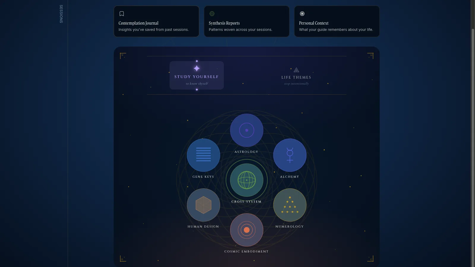 The Cosmic Codex Contemplation Chamber, with the traditions set in a circle to choose the lens of the conversation.